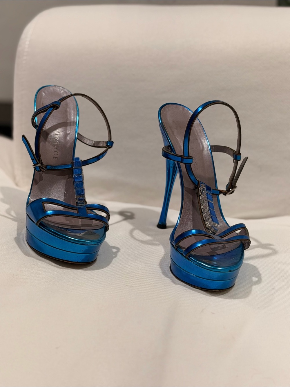 Versace Vintage Blue Metallic Platform Heels Size 36 - Crystal Embellished